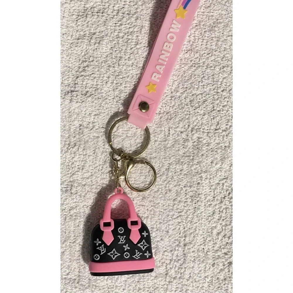 Chic Pink & Black Purse Charm Wristlet Keychain